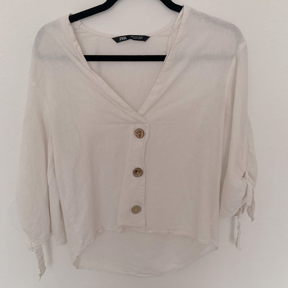 Zara Cream Linen Shirt 3/4 Sleeves with tie details on sleeves size small